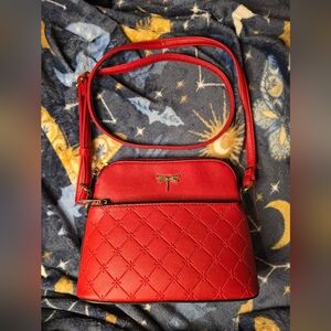 Unk Brand Red Quilted Crossbody w/ Gold Dragonfly Accent, Adj Strap, & Stripe